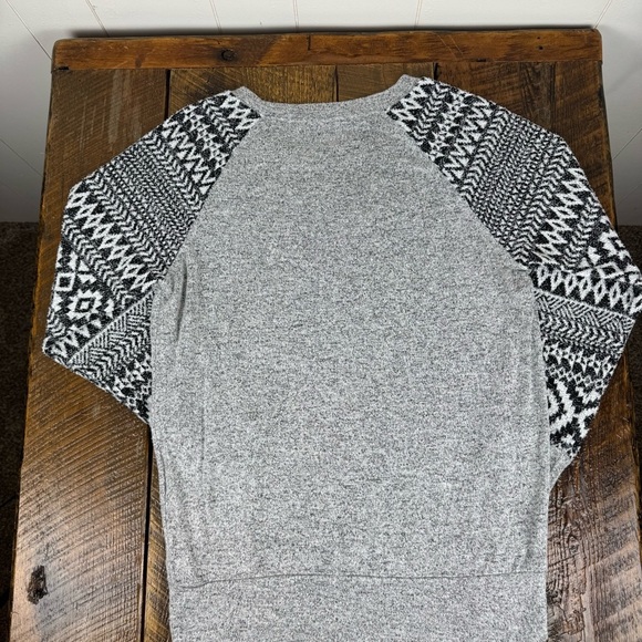 Gray Knit Sweater w/ Black White Pattern Sleeves | Cozy Casual Pullover Top - Picture 9 of 9
